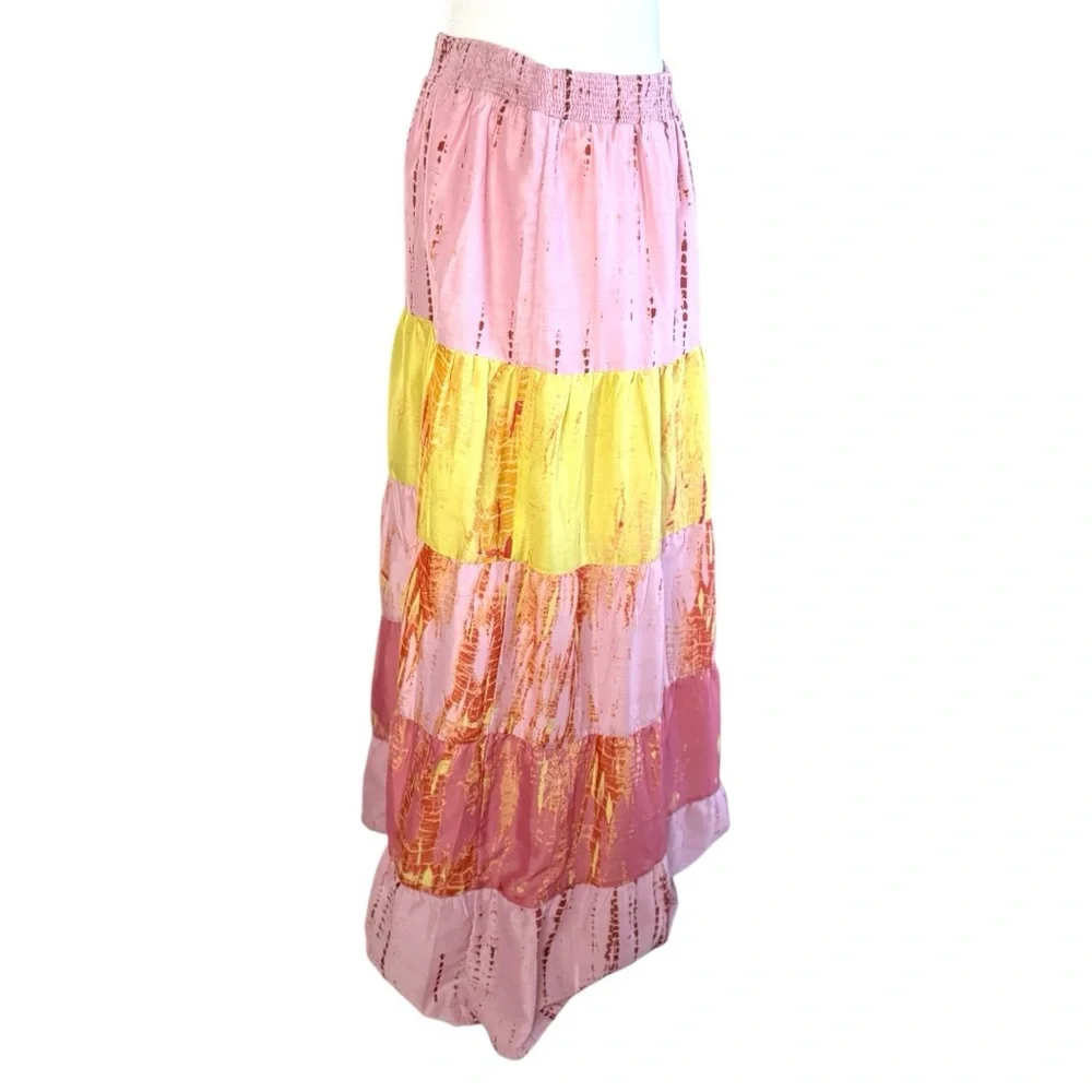 Anthropologie Maxi Tiered Skirt in Pink and Yellow
